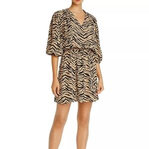 Rebecca Minkoff Isabella Tiger Print Crepe Mini Dress in Black and Tan Sz Small